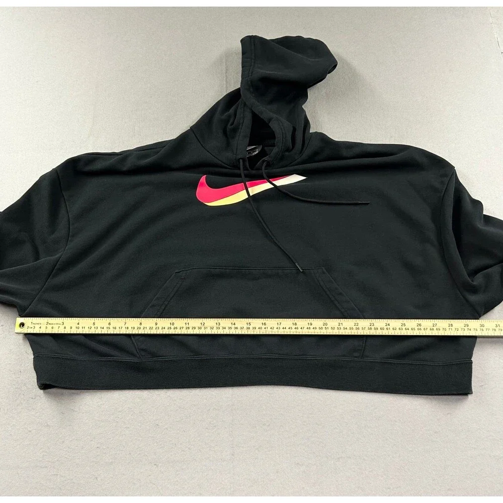Nike Womens Oversized Cropped Black Hoodie Sweatshirt DJ1074-010 Red Swoosh XL